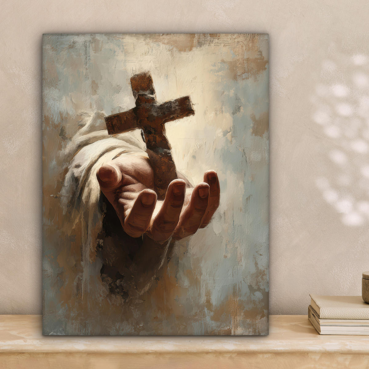 LEINWANDBILD Abstrakt - Kreuz - Hand - Christentum Room Decor 30x40 cm - Hellbraun, Textil (30/40cm) - MuchoWow