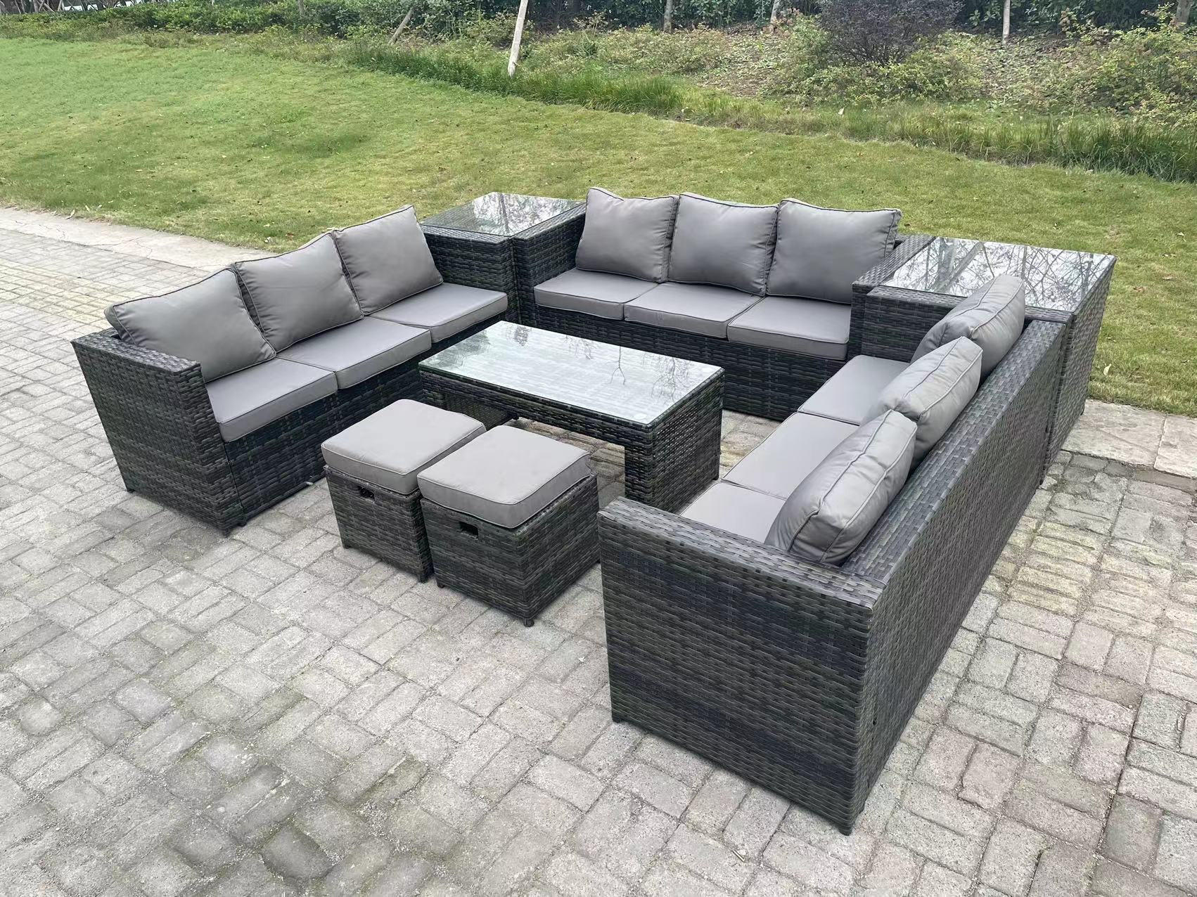 SITZGRUPPE Polyrattan 11-Sitzer - Dunkelgrau/Grau, Glas/Kunststoff - Fimous