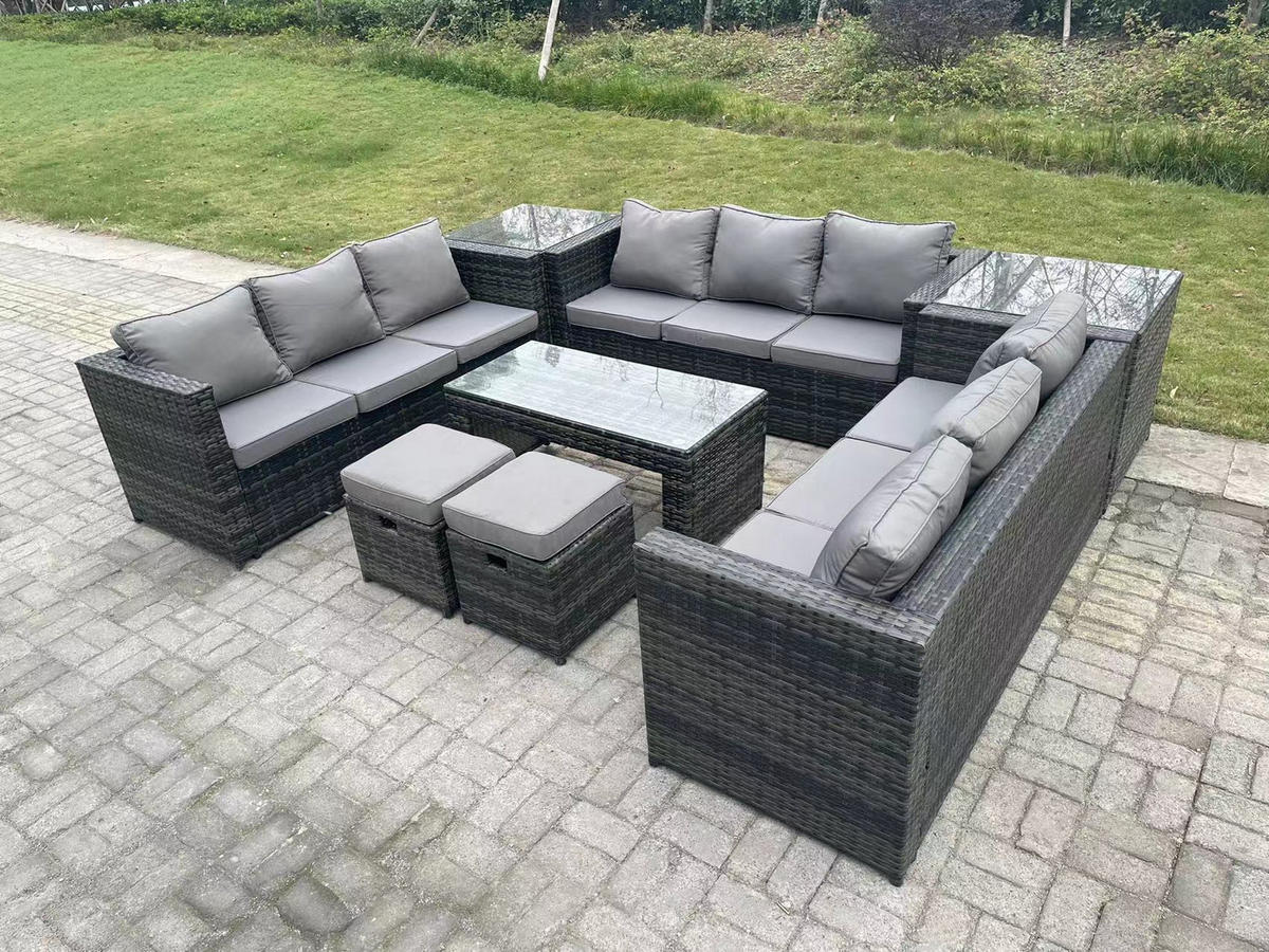 SITZGRUPPE Polyrattan 11-Sitzer - Dunkelgrau/Grau, Glas/Kunststoff - Fimous