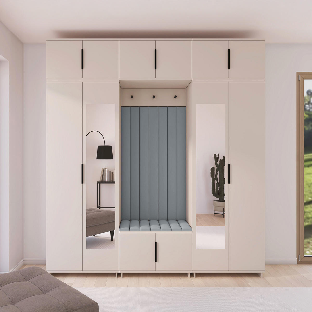GARDEROBE Napoli version 12 mit Spiegel, mit POLSTERPANEELEN GRAU - Beige/Grau, Holzwerkstoff (210/229/40cm) - Jerpax