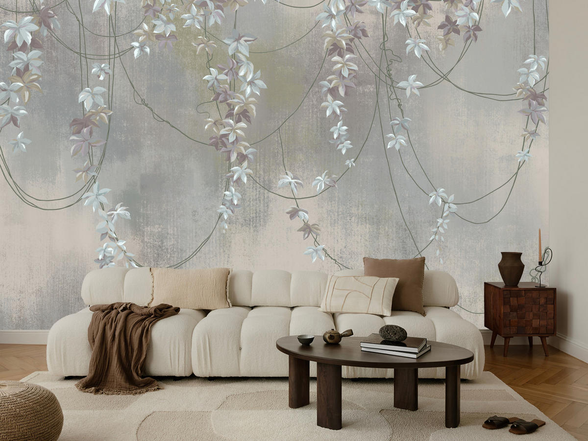 FOTOTAPETE für Wohnzimmer Abstrakte Blüten Lianen Beton Wand 450x315 - Grau, Papier (450/315cm) - Muralo