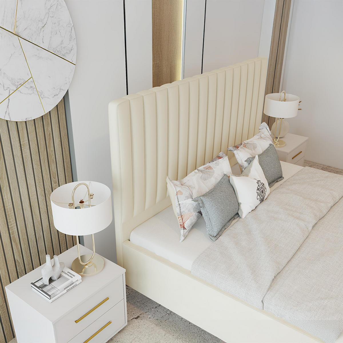 POLSTERBETT AURORA, Lattenrost, ohne Bettkasten, gepolsterte Kopfstütze 160/200 in Creme - Creme/Schwarz, Holz/Textil (160/200cm) - imoebel24