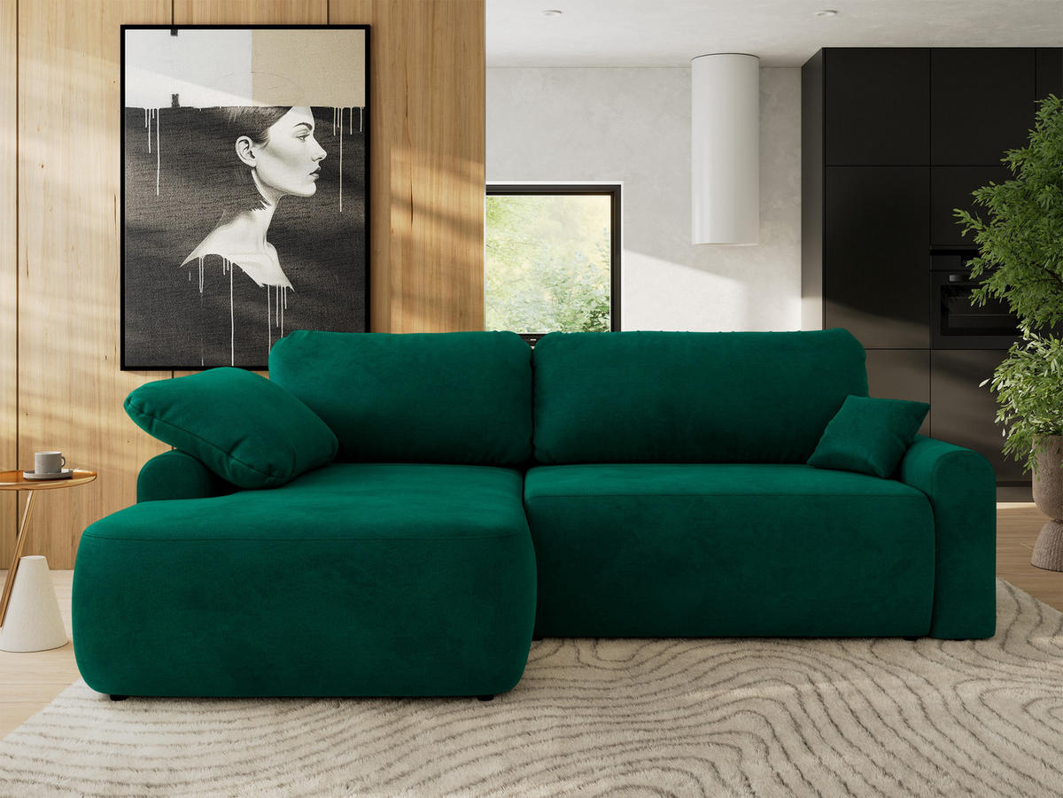 ECKSCHLAFSOFA CUBO L Dunkelgrün Velvet - links - Dunkelgrün/Schwarz, Kunststoff/Textil (273/187cm) - MKS