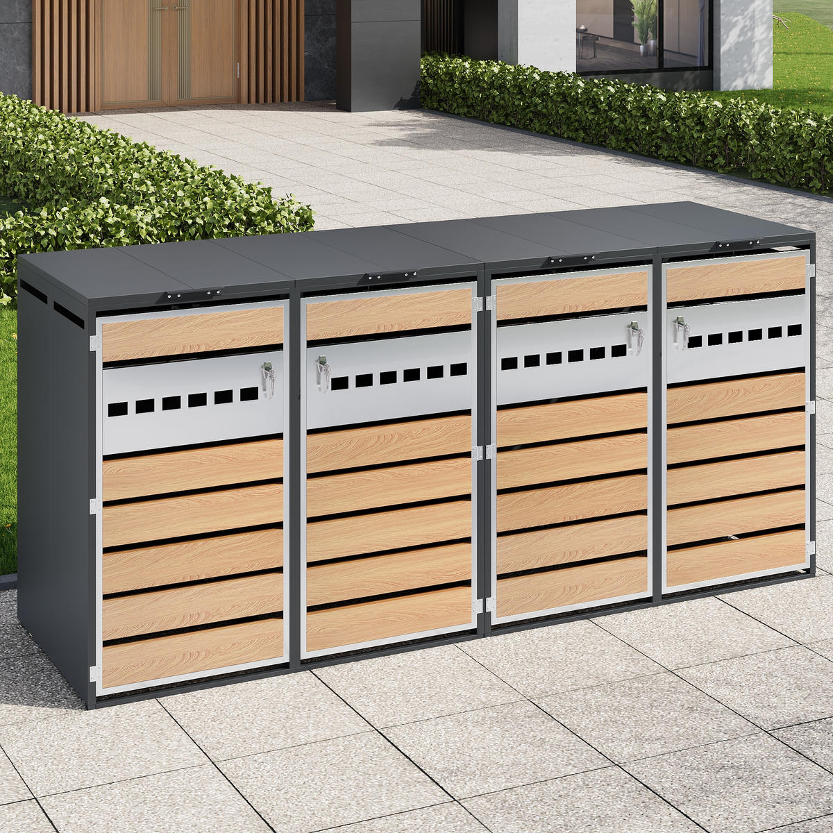 MÜLLTONNENBOX Zwei Türen Holzmaserung/Grau - Braun, Metall (132/118.5/80cm) - ComfortXL