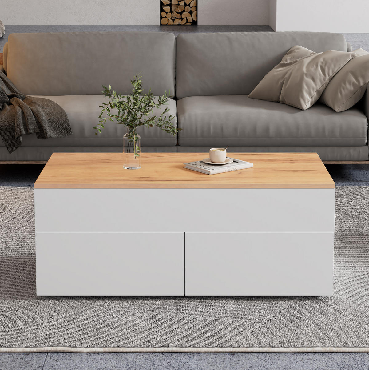 COUCHTISCH 100/50/40 cm höhenverstellbar mit 2 Schubladen und verborgenem Stauraum, Weiß/Holzfarbe - Weiß, Holzwerkstoff (100/50/40cm) - Redom
