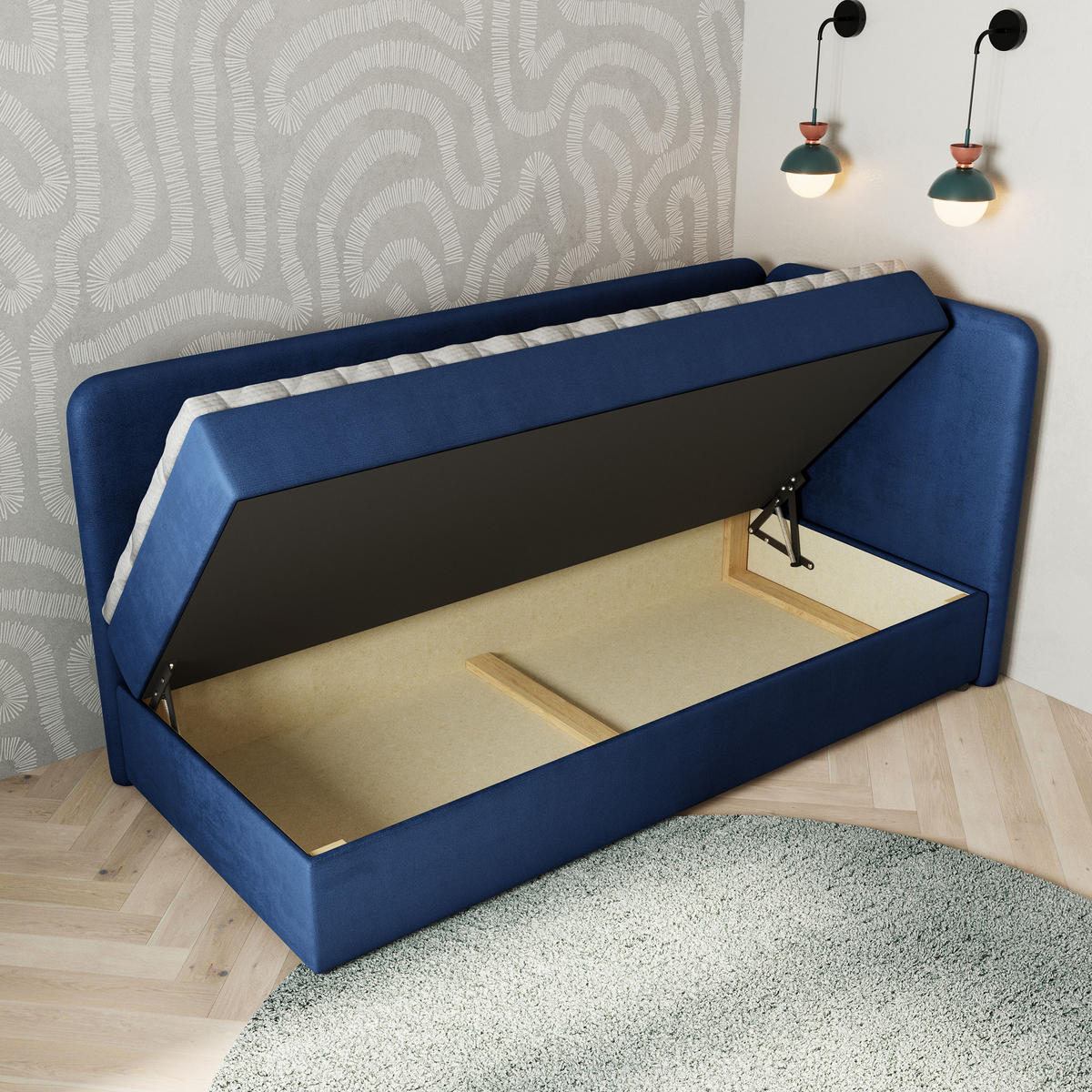 BOXBETT GINA 100x200 cm mit Matratze und Topper, H2+H3 - Blau - Blau, Holz (100/200cm) - MASSENO