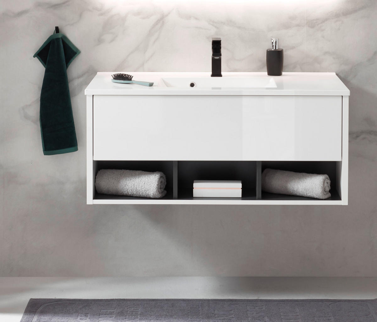 WASCHBECKENUNTERSCHRANK mit Waschbecken weiß Hochglanz, grau 100 cm - Weiß Hochglanz/Grau, Holzwerkstoff (100/44/47cm) - Furn.Design