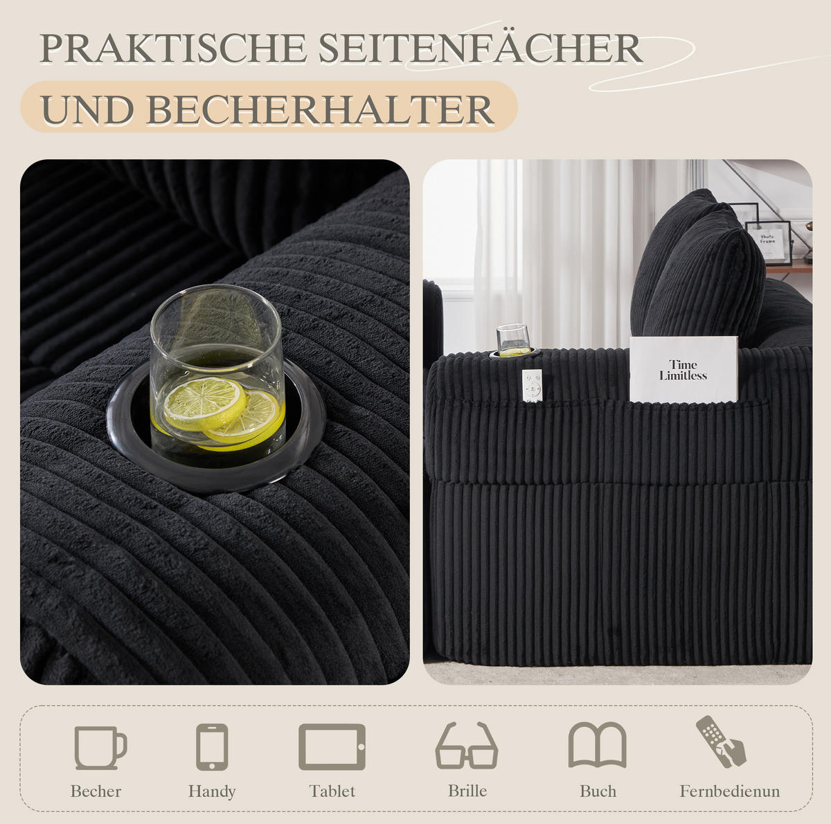 2-SITZER-SOFA 158/93/61 cm schwarz aus Cord mit Seitenfächern und Becherhaltern - Schwarz, Textil (93/61/158cm) - Modenvie