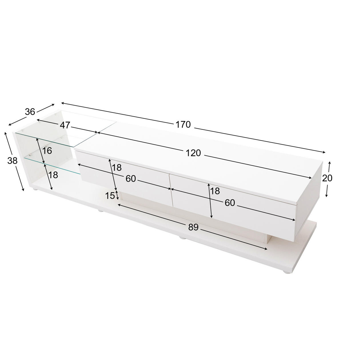 TV-LOWBOARD 170/36/38 cm mit 2 Schubladen und LED-Beleuchtung - Weiß, Holzwerkstoff (170/38/36cm) - BEAOK