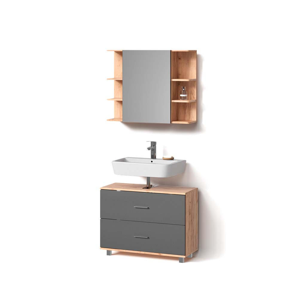 BADMÖBEL-SET Eisak Anthrazit/Goldkraft Eiche 2 Teile, Unterschrank 80 cm - Honigeiche/Anthrazit, Holzwerkstoff (80/60/33cm) - Livinity®