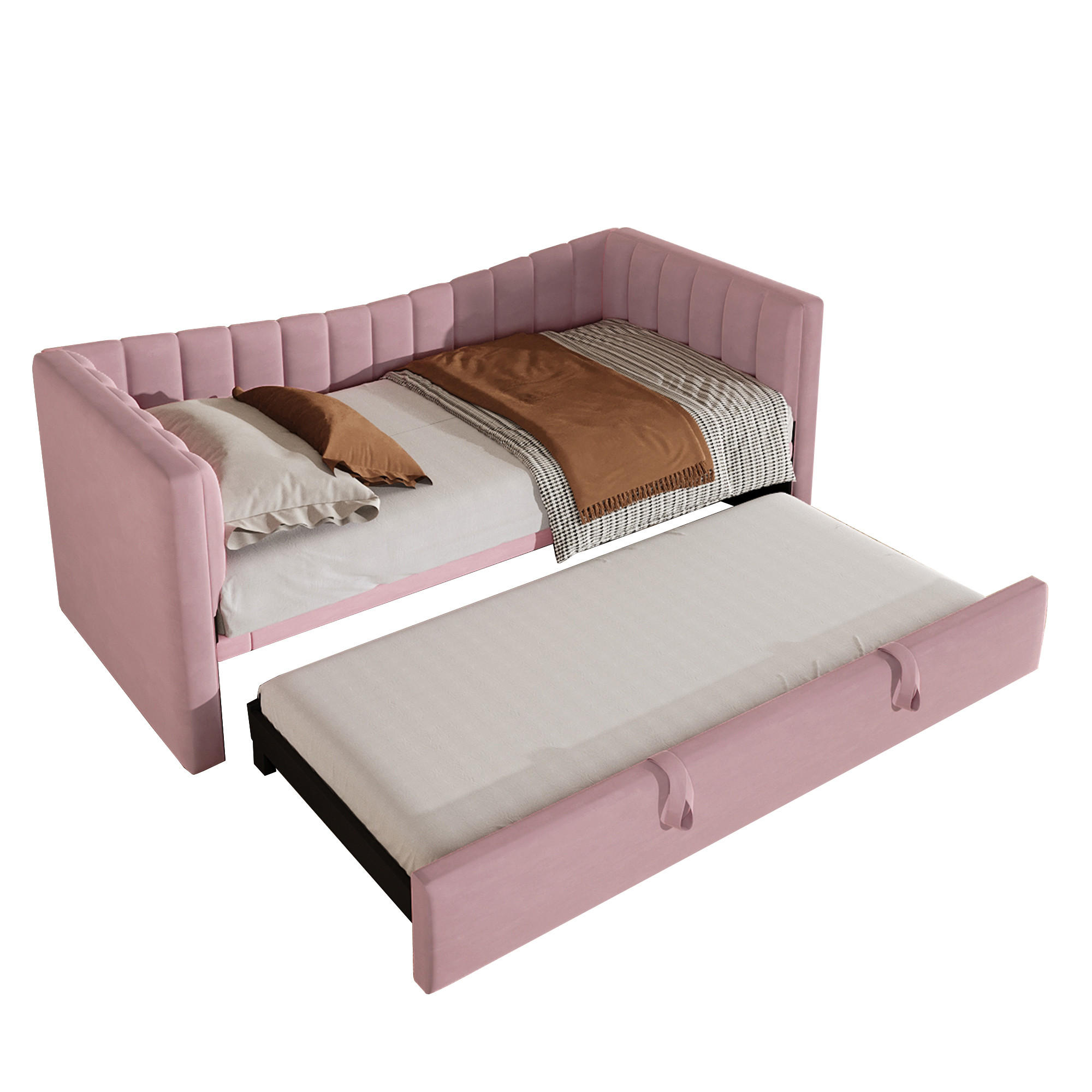 TAGEBETT 90x200cm + 180x200cm Rosa Samt Ausziehbett minimalistisch - Pink, Holz (180/200cm) - FLIEKS