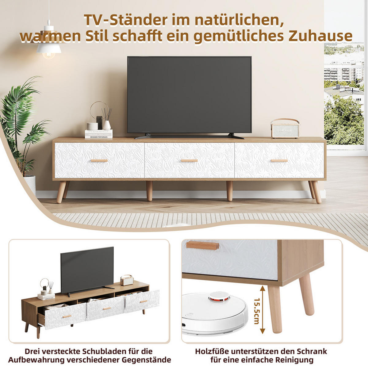 TV-SCHRANK 150x35cm Vintage Lowboard helles Holz weiße Tür - Weiß, Holz (46/14/164.5cm) - FLIEKS