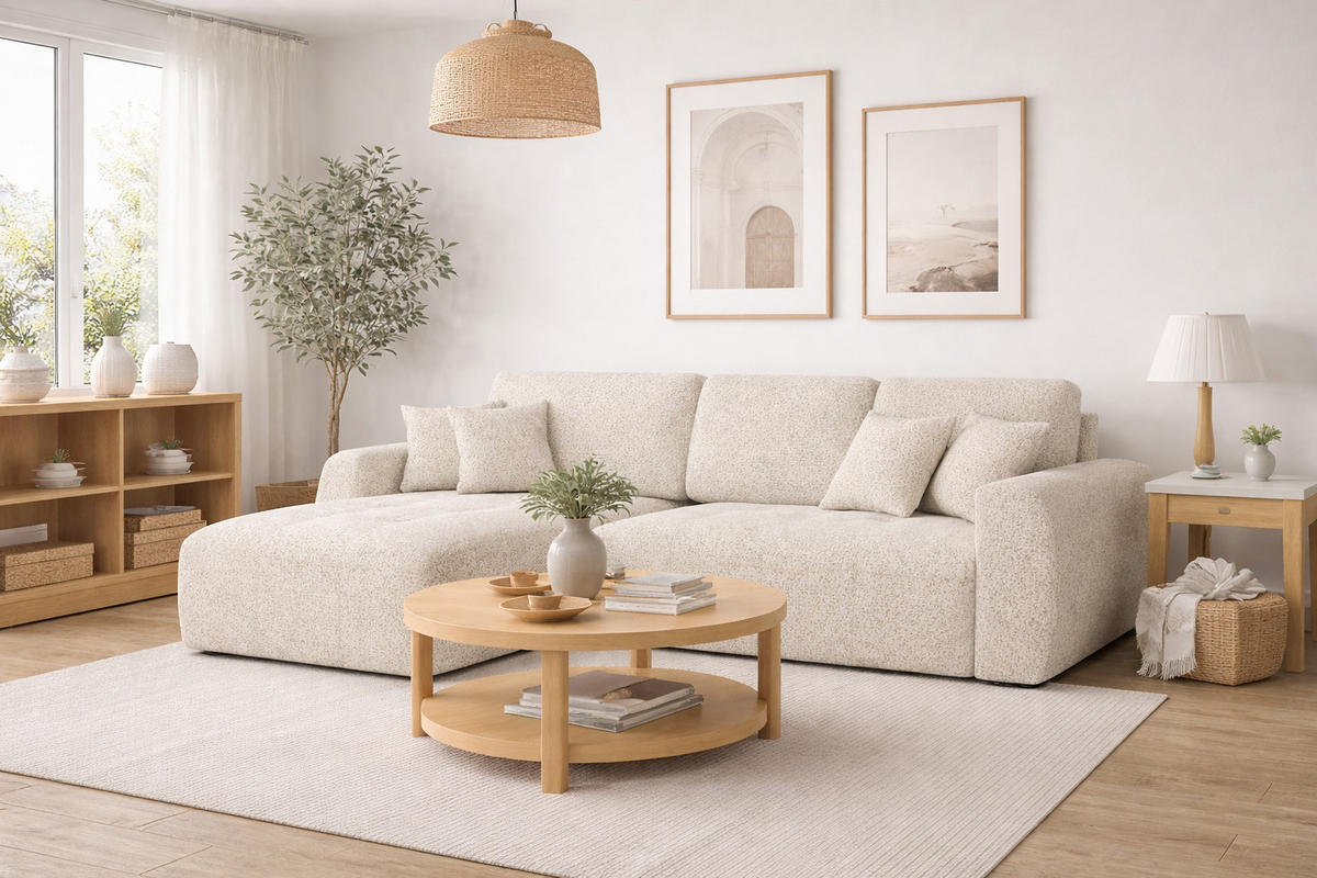 ECKSOFA Mit Schlaffunktion Und Bettkasten L-Form Ivo L, Chenille-Stoff Artico, Nata, Links - Beige, Holz (250/142cm) - Kaiser Möbel