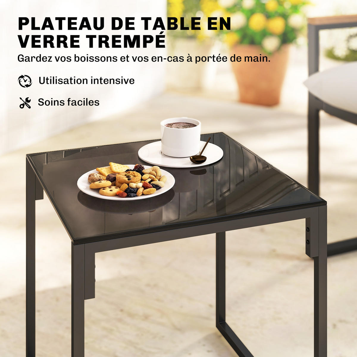 BALKONSET DE-14214 2 Sessel mit Kissen und Glastisch Grau - Grau, Metall - ComfortXL