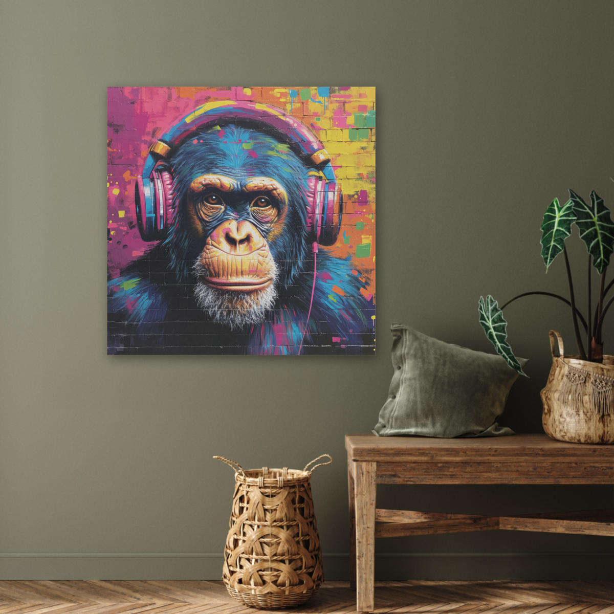 AKUSTIKBILD Graffiti - Schimpanse - Straßenkunst - Kopfhörer - Affe Akustikpaneele 80x80 cm - Blau, Kunststoff (80/80/0.9cm) - MuchoWow