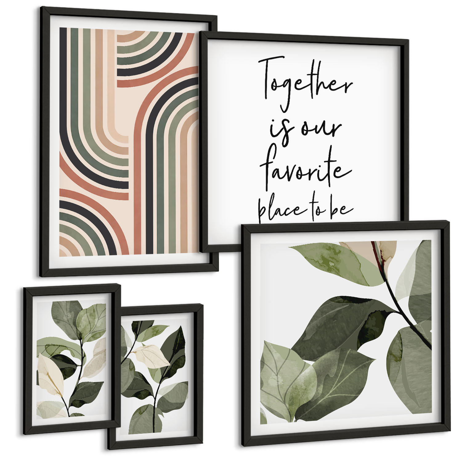 BILDER SET 5er Set - 50x50 cm & 20x30 cm & 40x60 cm Schwarzer Rahmen - Geometrische Pflanzenmotive - Schwarz, Kunststoff (40/60cm) - TULUP