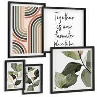 BILDER SET 5er Set - 50x50 cm & 20x30 cm & 40x60 cm Schwarzer Rahmen - Geometrische Pflanzenmotive - Schwarz, Kunststoff (40/60cm) - TULUP