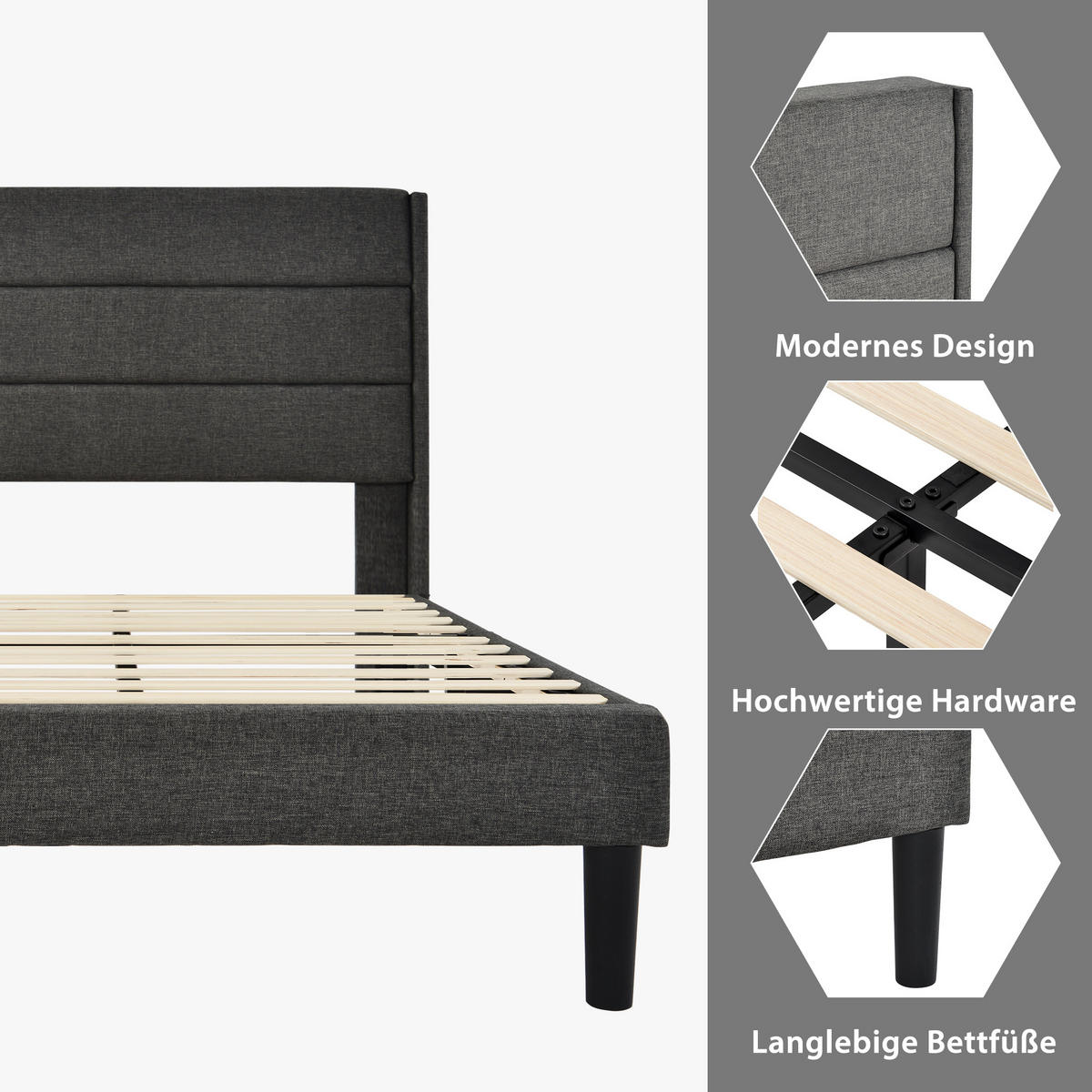 POLSTERBETT 90/200 cm mit Lattenrost, gepolstertes Kopfteil im Nahtdesign, Dunkelgrau - Dunkelgrau, Textil (90/200cm) - Redom