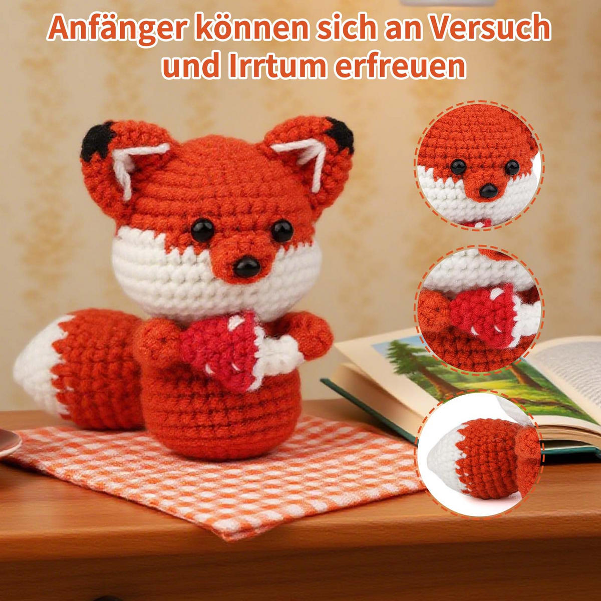 KOMPLET za kvačkanje rdeče lisice, komplet za začetnike z navodili za samostojno izdelavo, komplet za kvačkanje amigurumi za otroke in odrasle - rdeča, tekstil (1/1/1cm)
