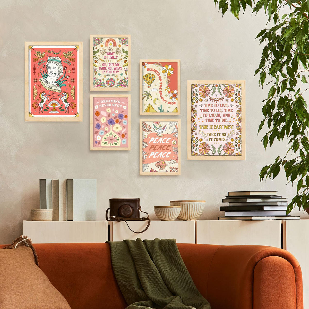 POSTER Set Mit 6 groovige Rose Größe A3 & A4 Rahmen aus hellem Holz - Beige, Papier (29.7/1cm) - Nacnic