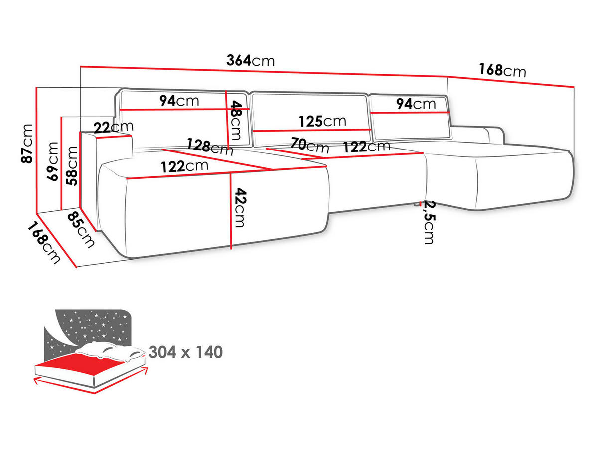 WOHNLANDSCHAFT Mono U - Creme/Schwarz, Holz/Kunststoff (364/87/168cm) - MIRJAN24