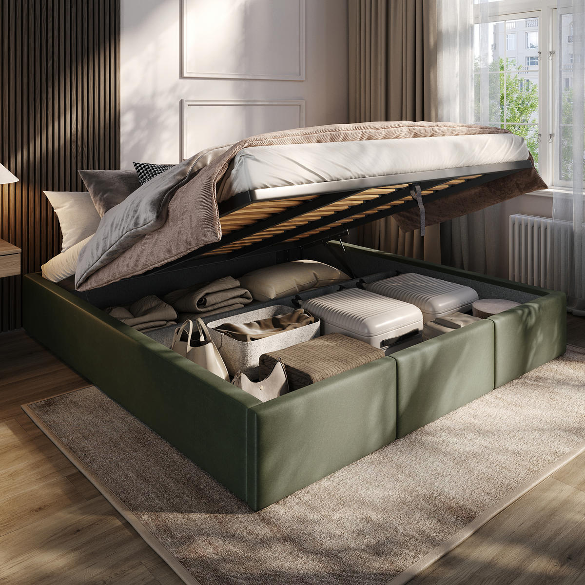 POLSTERBETT für Schlafzimmer Bett mit Stauraum Khaki 180x200cm - Olivgrün, Holzwerkstoff/Textil (180/200cm) - Muralo