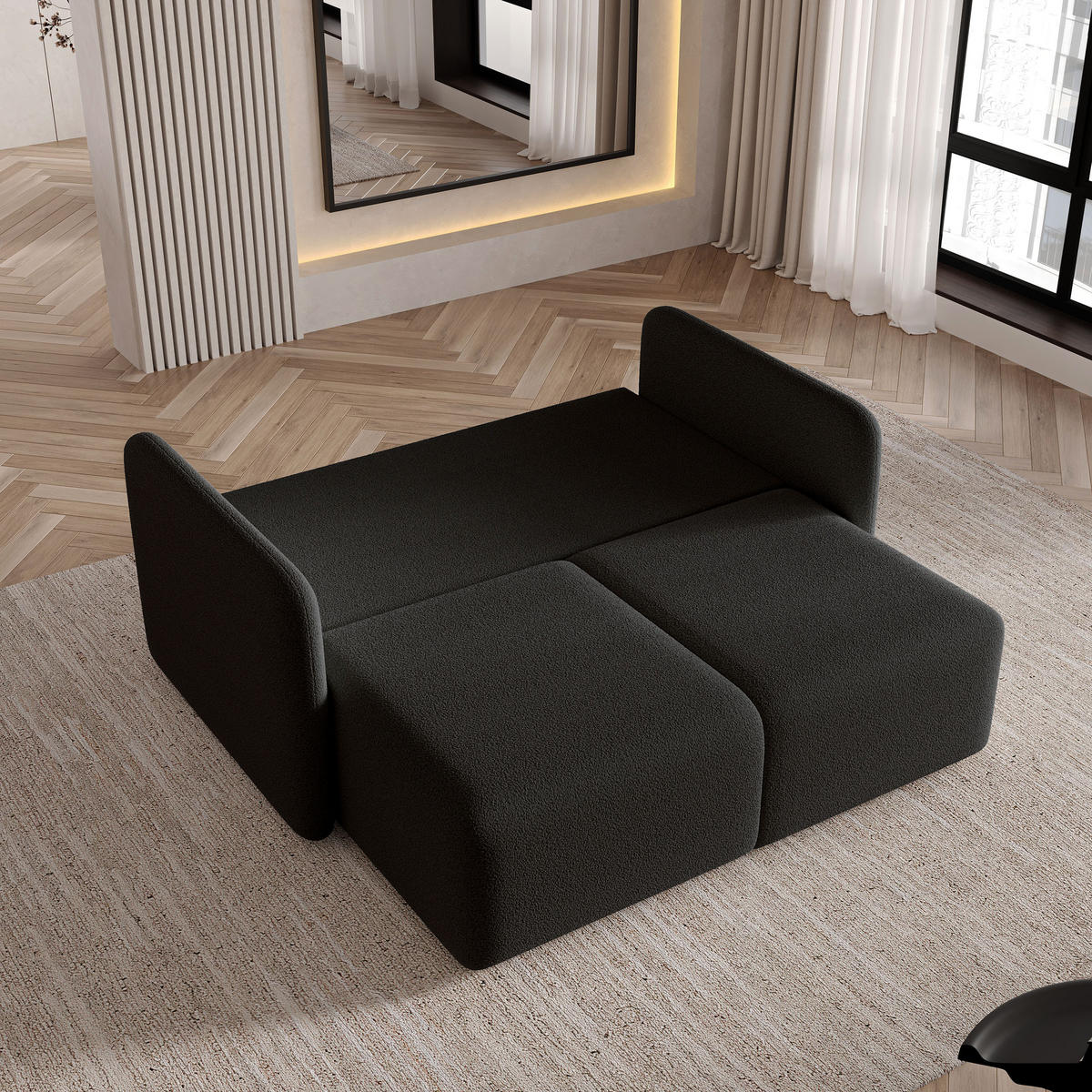 BETTSOFA SUVI II Q Schwarz Bucle-Stoff mit Schlaffunktion - Schwarz, Textil (90/85/153cm) - MASSENO