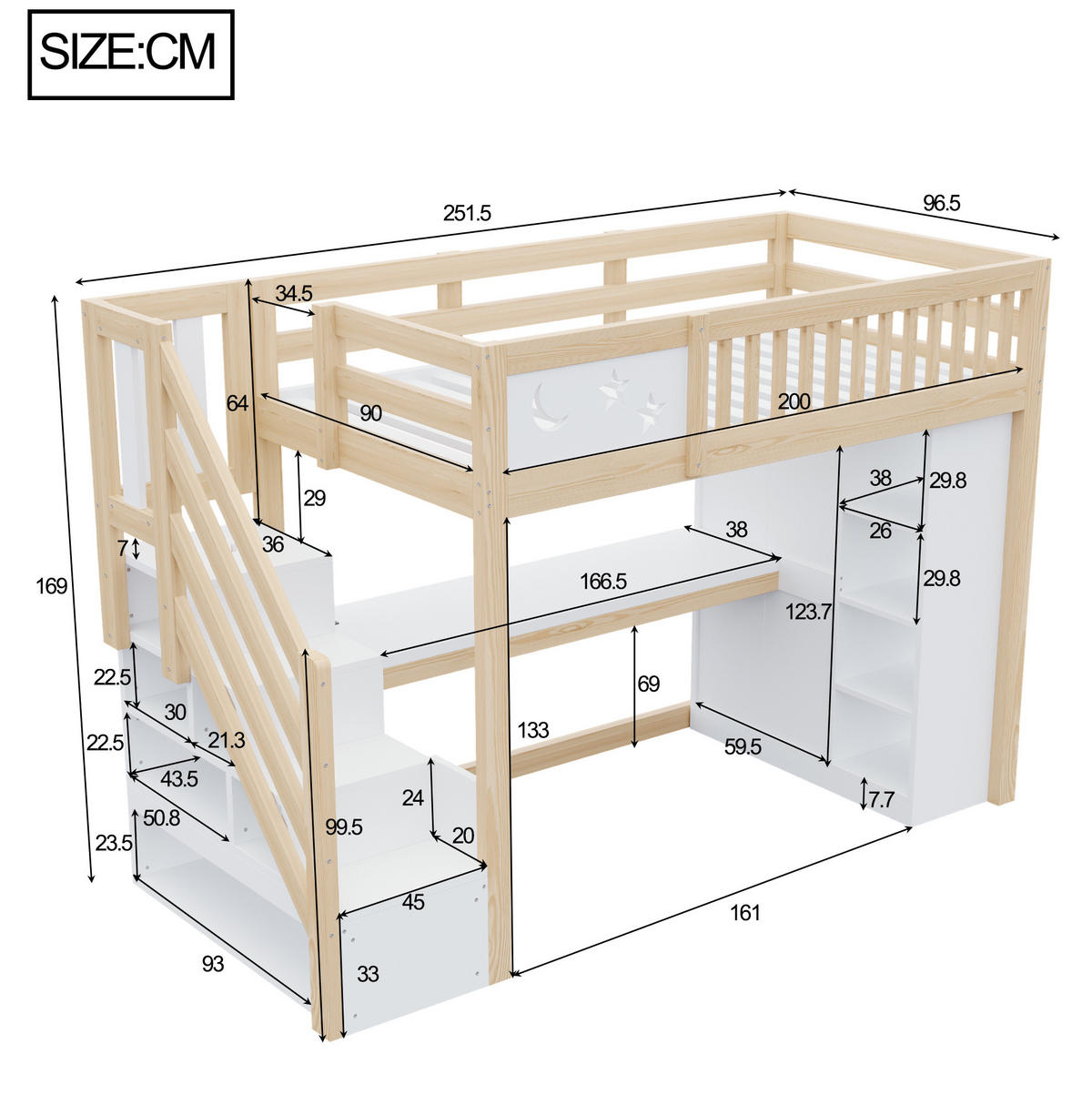 HOCHBETT aus Kiefernholz 90x200 cm Weiß/Holzfarbe mit Schreibtisch, LED-Beleuchtung, Steckdosen und Stauraum - Weiß, Holz (90/200cm) - Modfu