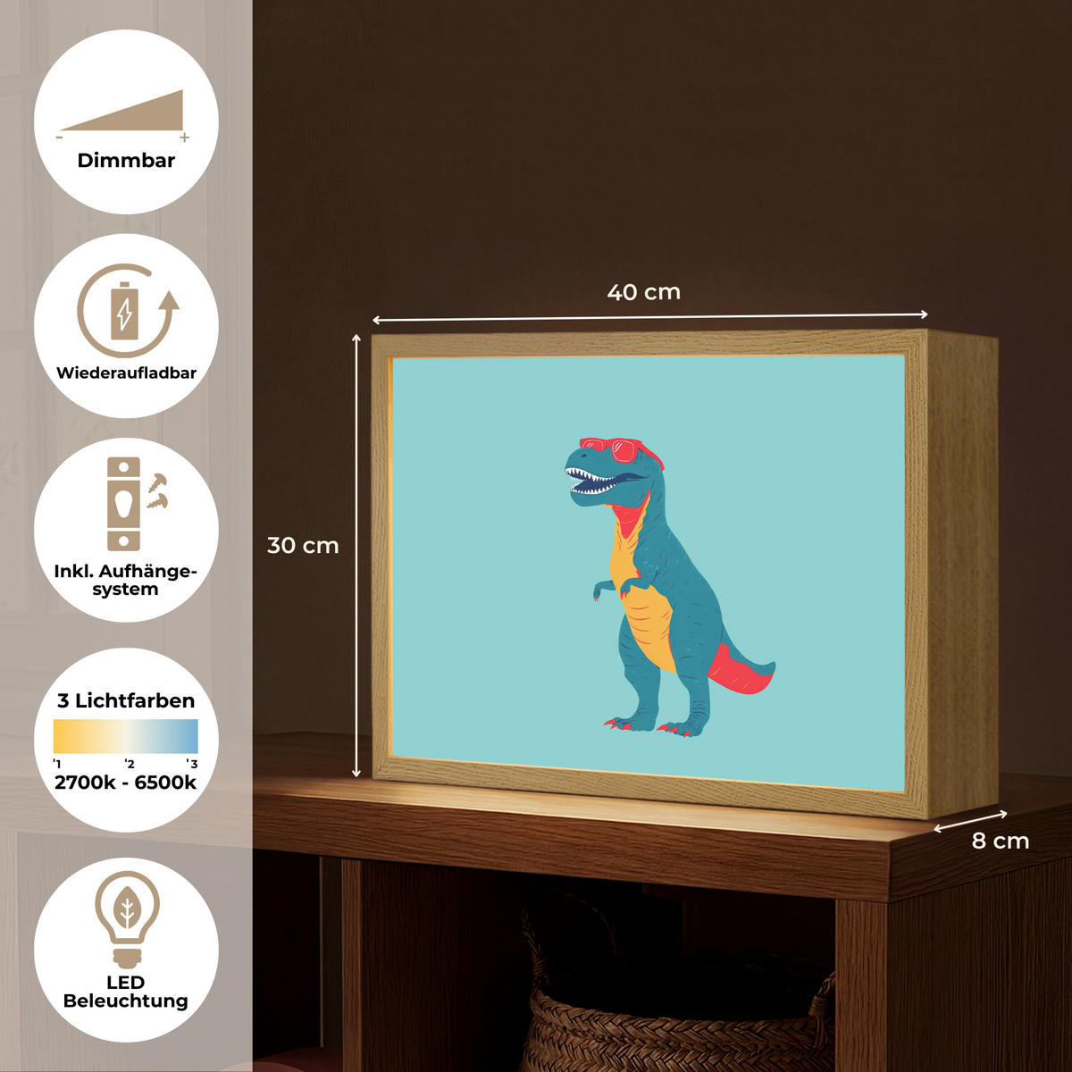 DOBÍJECÍ NOČNÍ LAMPIČKA Dinosaurus - Modrá - Sluneční brýle 40x30 cm - světle modrá, kompozitní dřevo (8/40/30cm) - OnlyWow