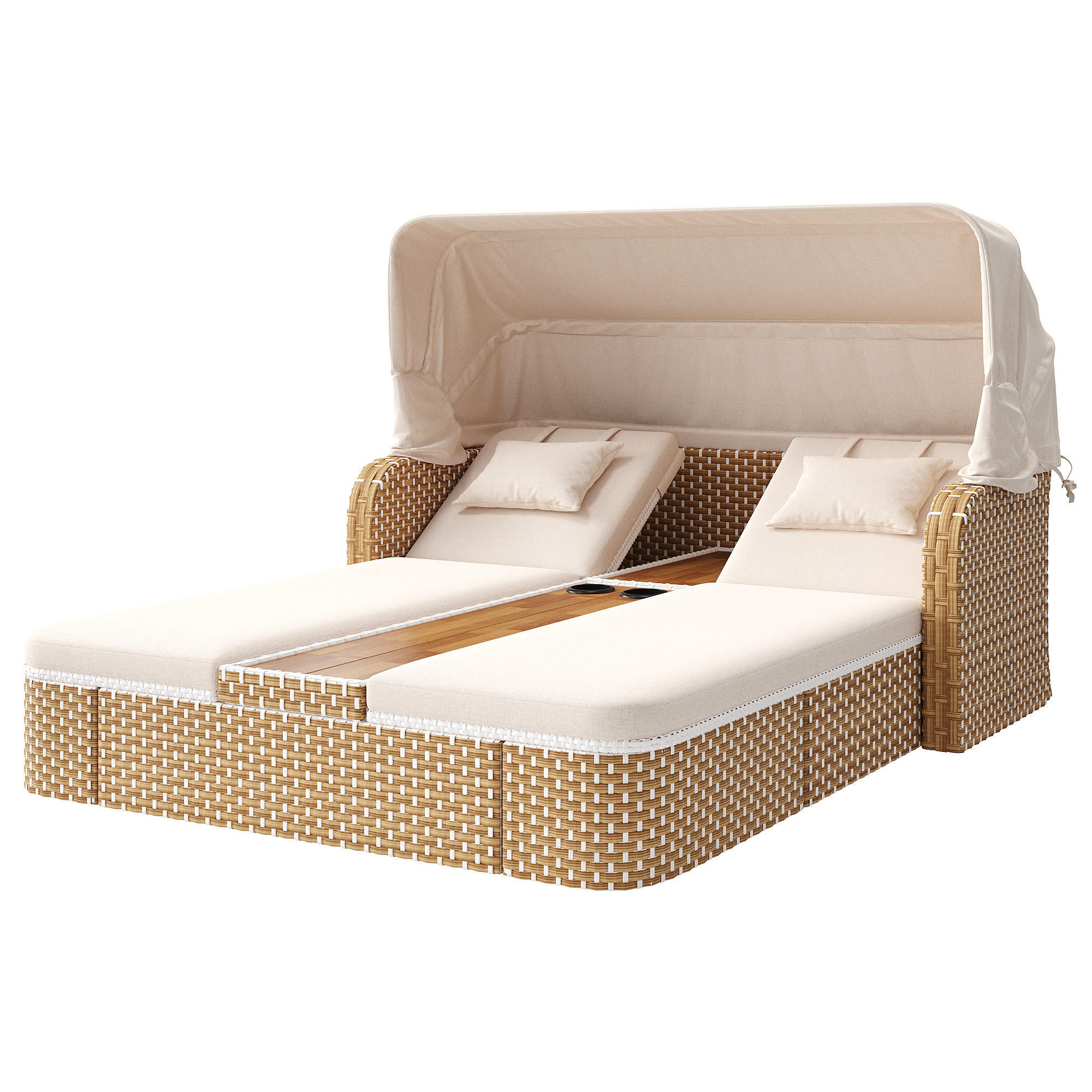 SONNENLIEGE aus Rattan 192x160x137cm in Beige mit klappbarem Sonnensegel - Beige, Metall (160/137/192cm) - Modfu