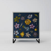 SIDEBOARD FLOWERS ON NAVY BLUE, Grau, 57,5x42x67,5 cm, Schwarze Metall-Rahmenfüße - Multicolor/Schwarz, Holzwerkstoff/Metall (57.5/67.5/42cm) - SpaceRebels