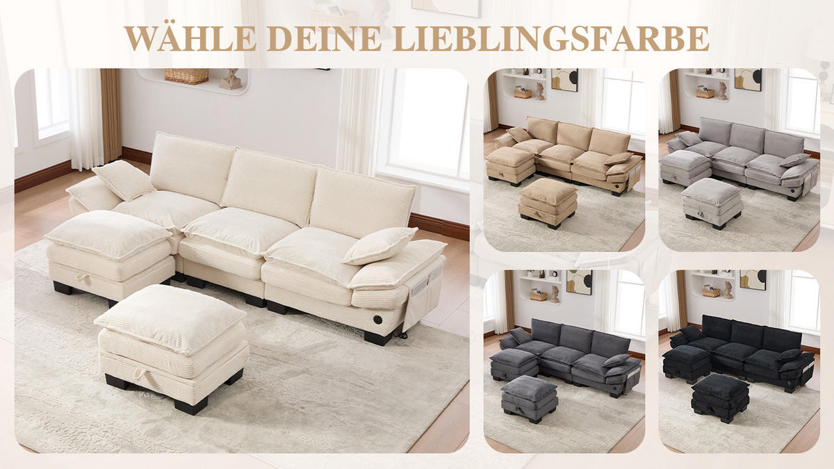 3-SITZER Sofa aus Corduroy 260x132x84 cm mit USB-C & Seitentaschen, beige - Beige, Textil (132/84/260cm)