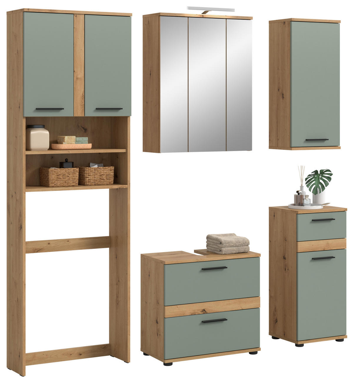 BADMÖBEL-SET Salbei grün, Eiche Artisan 192 cm 6-teilig, Badkombination in modernem Design - Salbeigrün/Schwarz, Glas/Holzwerkstoff (192/191/34cm) - Inn.Furn