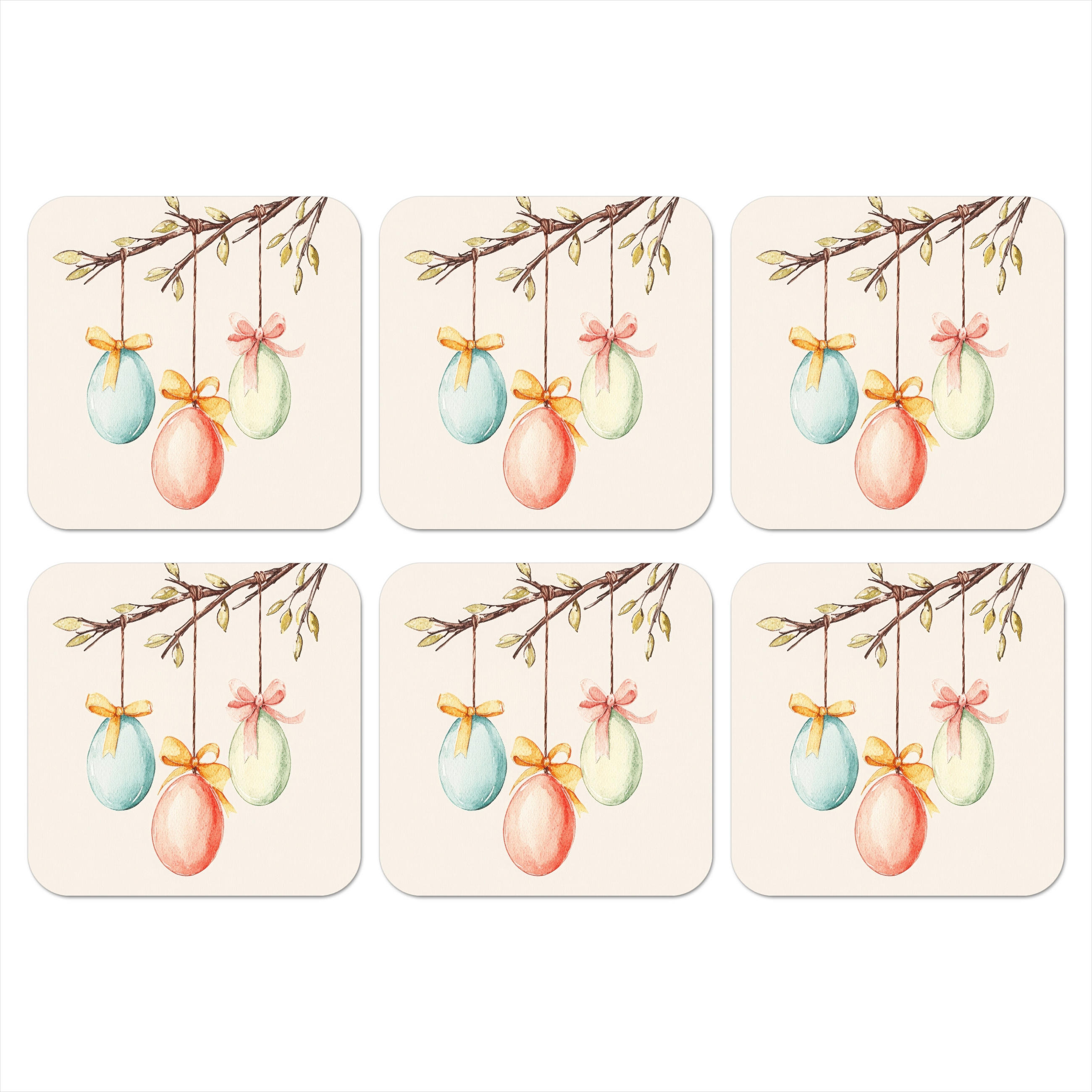 GLASUNTERSETZER 6er-Set Osterkuchen - Schleife - Eier 10x10 cm - Creme, Naturmaterialien (10/0.2cm) - MuchoWow