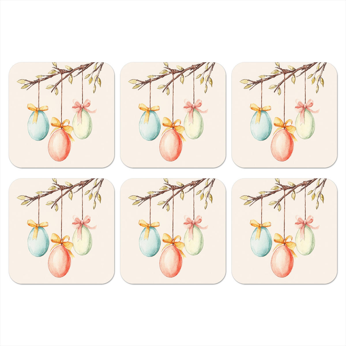 GLASUNTERSETZER 6er-Set Osterkuchen - Schleife - Eier 10x10 cm - Creme, Naturmaterialien (10/0.2cm) - MuchoWow