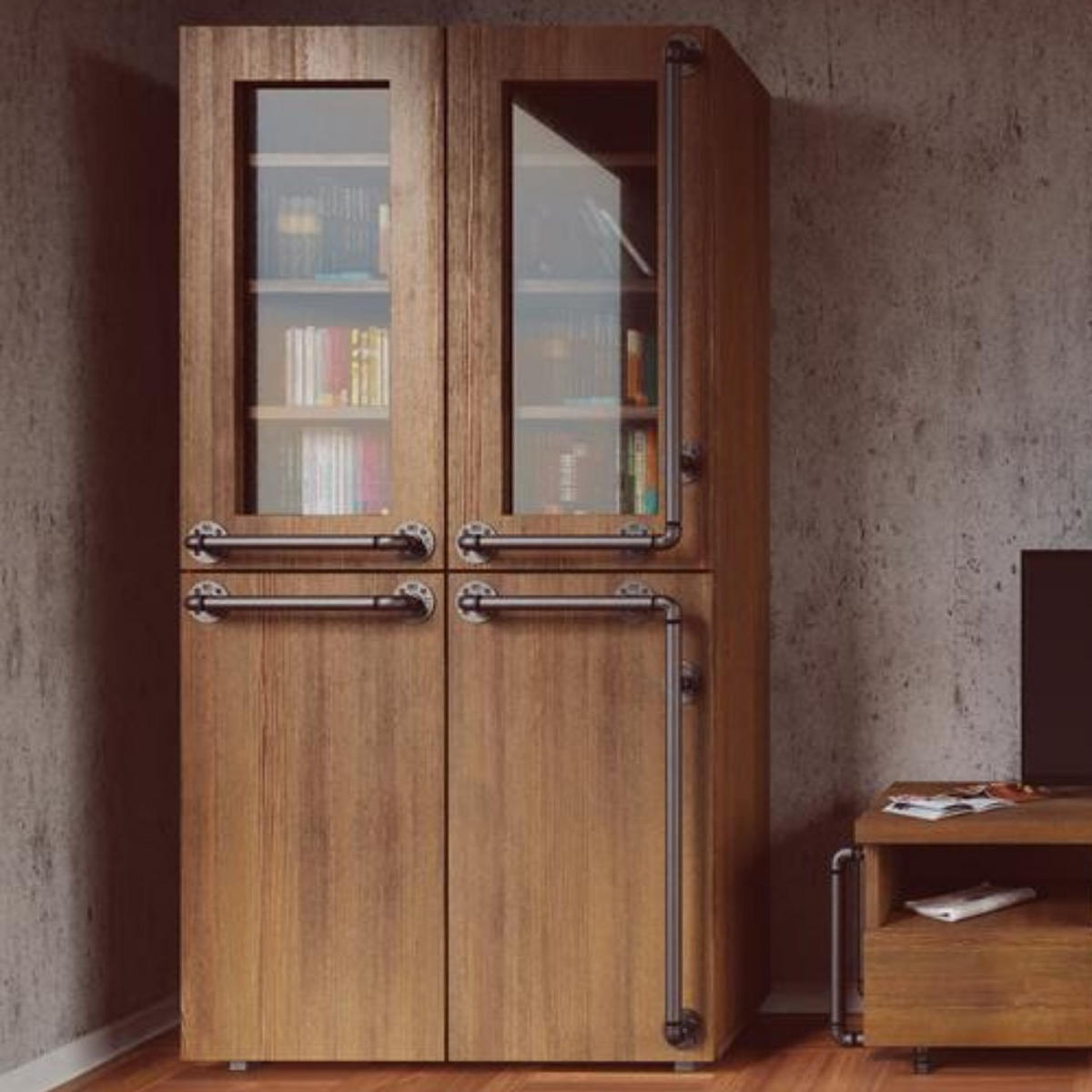 VITRINE Doppelte industrielle Kiefernvitrine für das Wohnzimmer DENAR 100 x 195 - Eichefarben, Holz (100/195/45cm) - Rawood Furniture