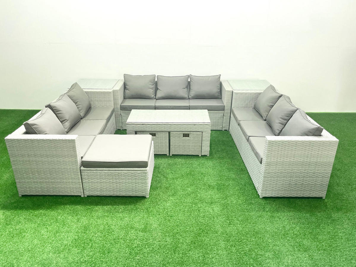 BALKONMÖBEL-SET Polyrattan Hellgrau-Mix 12-teilig - Hellgrau/Grau, Glas/Kunststoff - Fimous