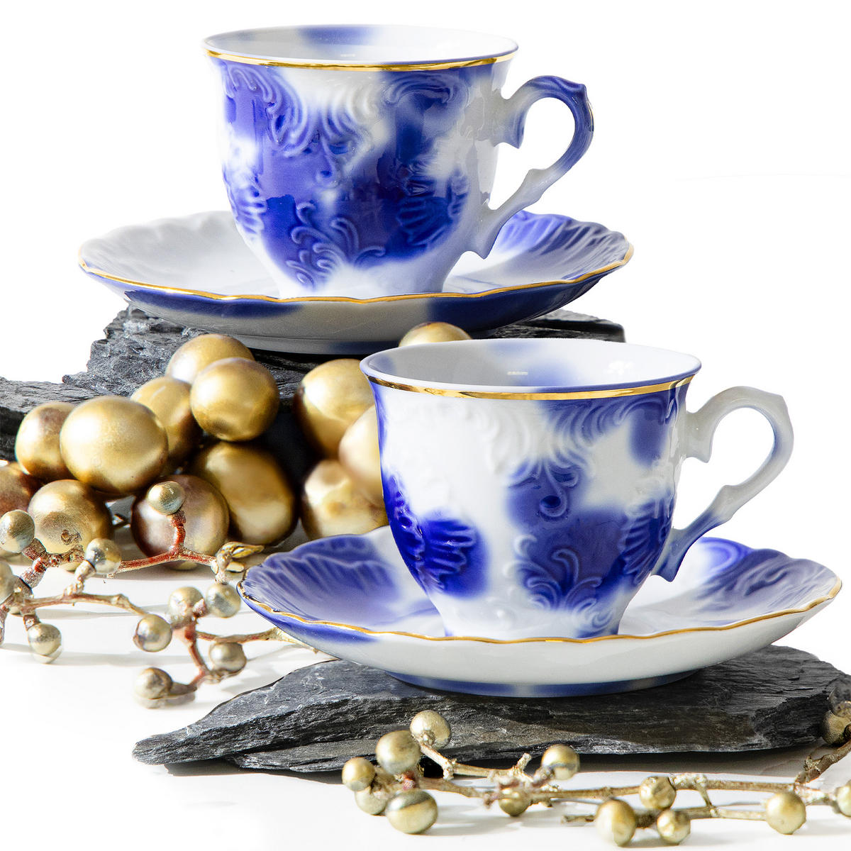 KAFFESERVICE CMIELOW ROCOCO Kaffetassen-Set - Blau/Weiß, Keramik (12.5/6/12.5cm) - KONSIMO®