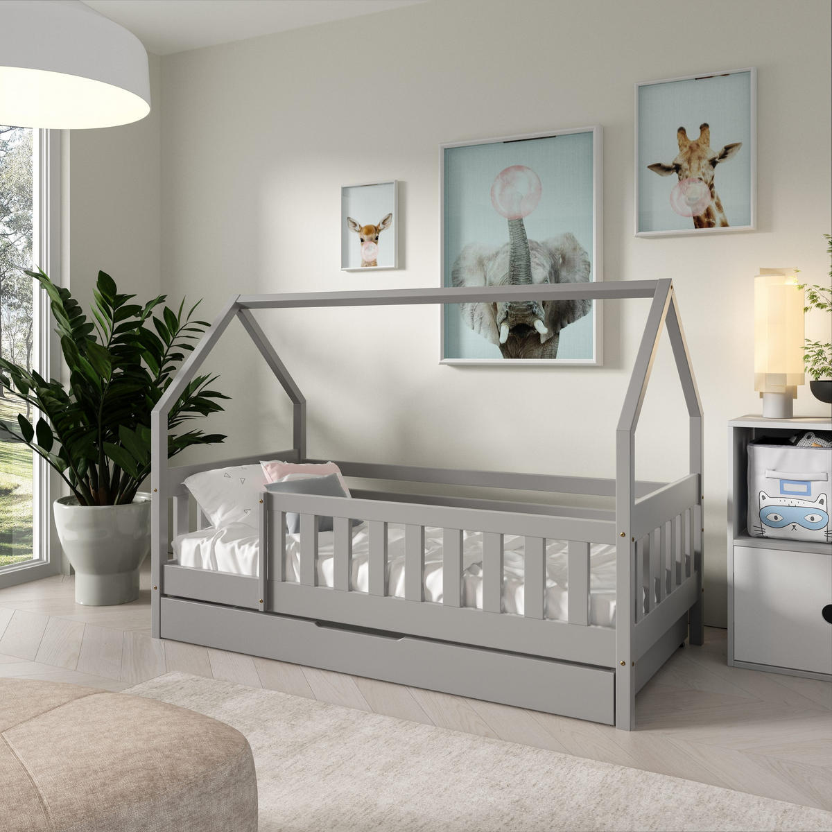 KINDERBETT BELLA mit Bettkasten 80x160 cm Hellgrau - Hellgrau, Holz (80/160cm) - MASSENO