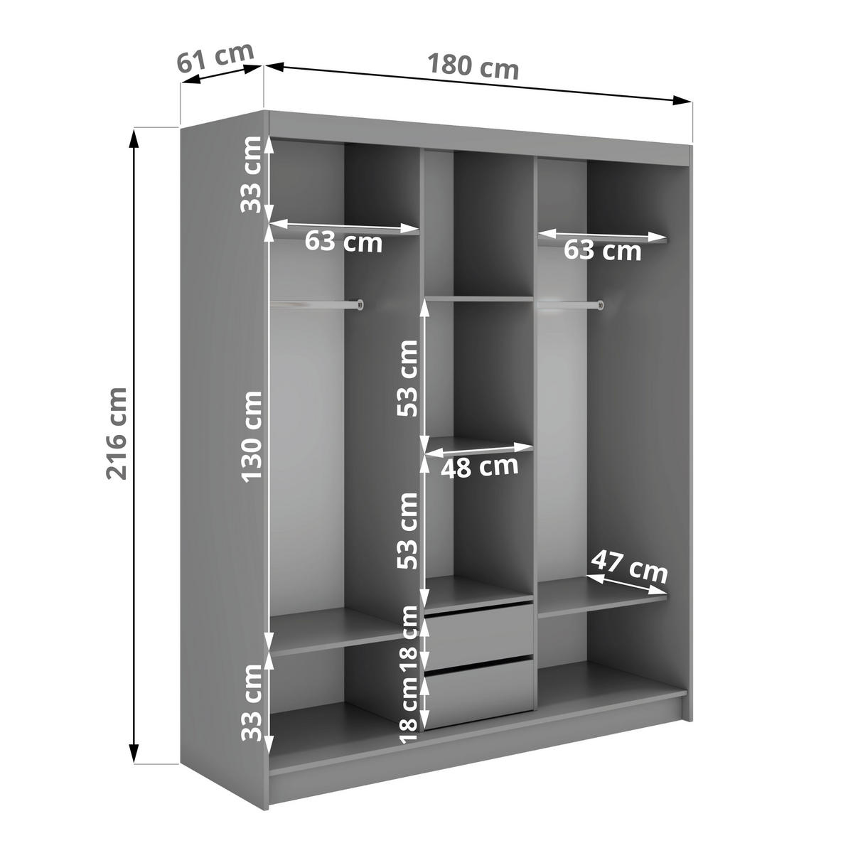 SCHWEBETÜRENSCHRANK mit Spiegel und Schubladen - WALENCJA - 180 - Grau lacobel - Alufarben/Grau, Holzwerkstoff/Metall (180/216/61cm) - MKS