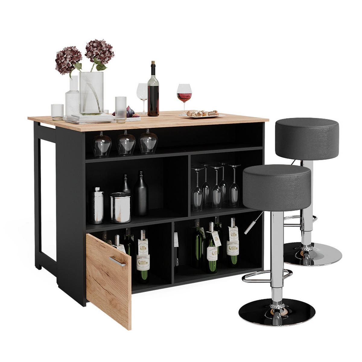 BARTISCH-SET Dominic Goldkraft Eiche/Anthrazit 116 x 37 cm mit 2 Barhockern - Honigeiche/Anthrazit, Holzwerkstoff (116/90.5/37cm) - Vicco