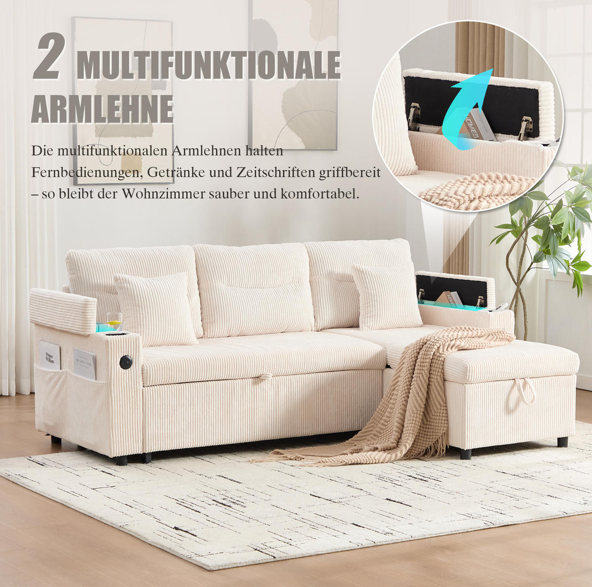 ECKSCHLAFSOFA 3-Sitzer Cord mit Stauraum USB-Anschluss und Becherhalter Beige 212,5/136/86 cm - Beige, Textil (136/212.5cm) - Redom