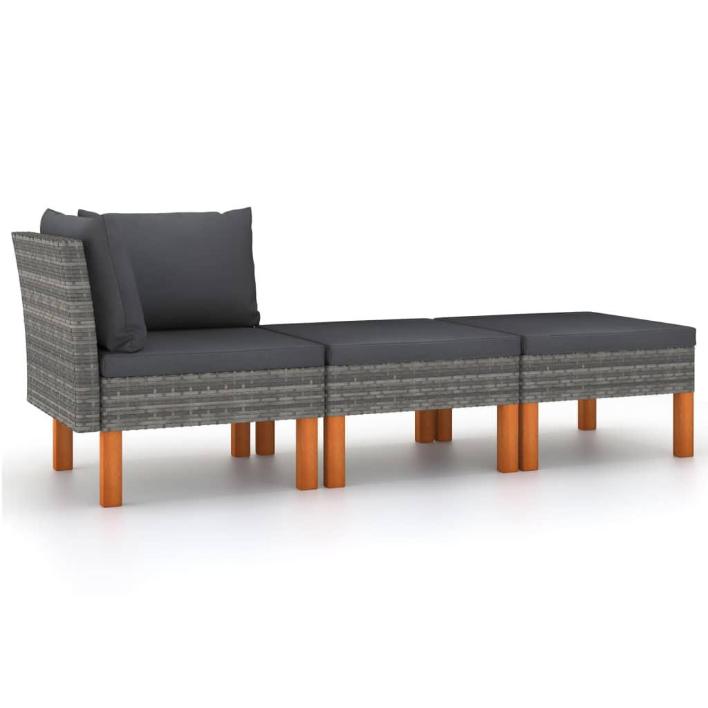 GARTEN-LOUNGE-SET 3-TLG. Poly Rattan Und Eukalyptus Massivholz - Grau, Kunststoff - vidaXL