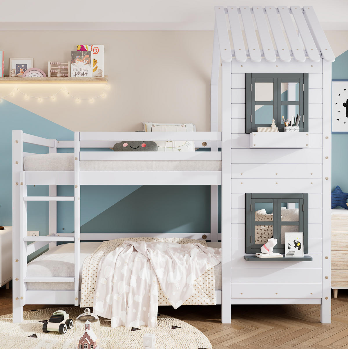 ETAGENBETT 90/200 cm mit Fenster, Handlauf und Hausdach aus Kiefernholz und MDF, Weiß/Grau - Weiß, Holzwerkstoff (90/200cm) - Redom