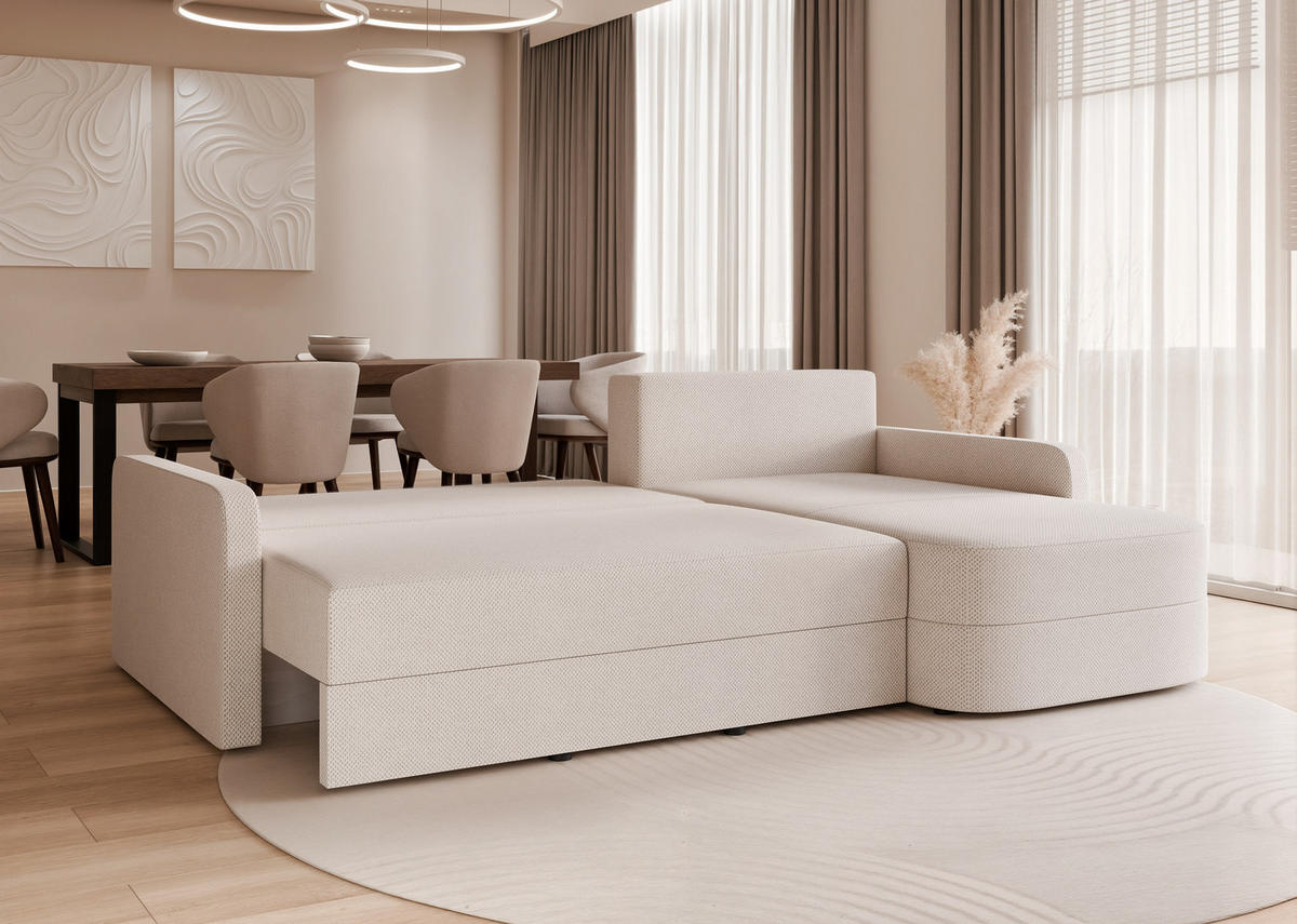 ECKSOFA CERIS mit Schlaffunktion und Bettkasten Creme - Creme, Holzwerkstoff/Kunststoff (250/160cm) - Idohome