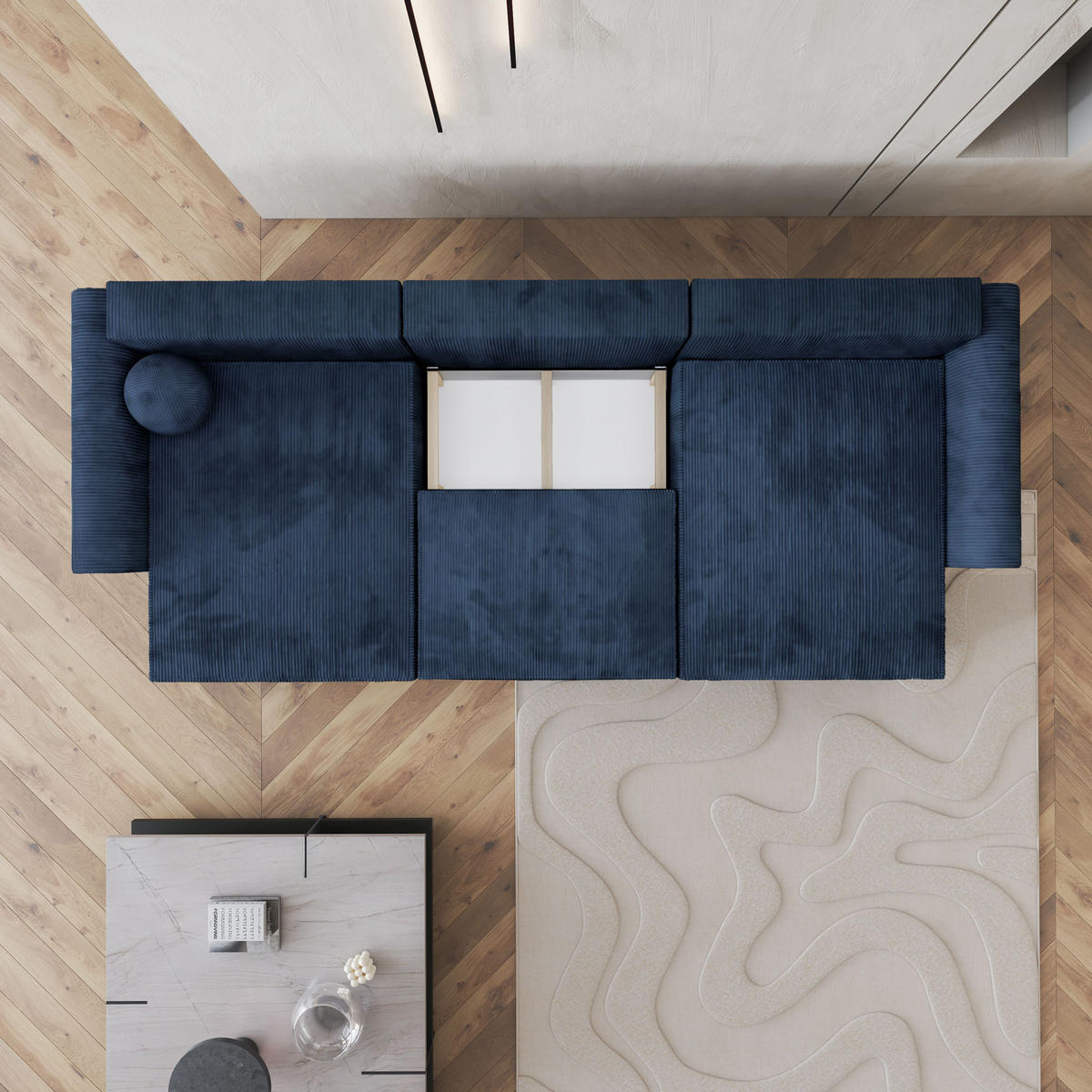 WOHNLANDSCHAFT FENTO P Blau Kordstoff mit Schlaffunktion - Blau, Holz (347/90/148cm) - MASSENO