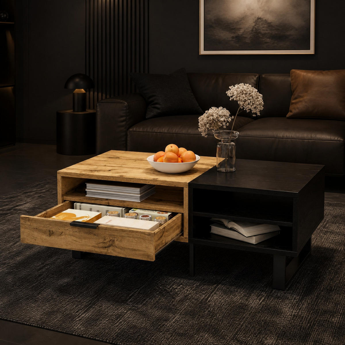 COUCHTISCH 100/50/40 cm Natur/Schwarz aus Spanplatte mit Fächern und Schublade - Naturfarben, Holzwerkstoff (100/50/40cm) - OKMYHOME