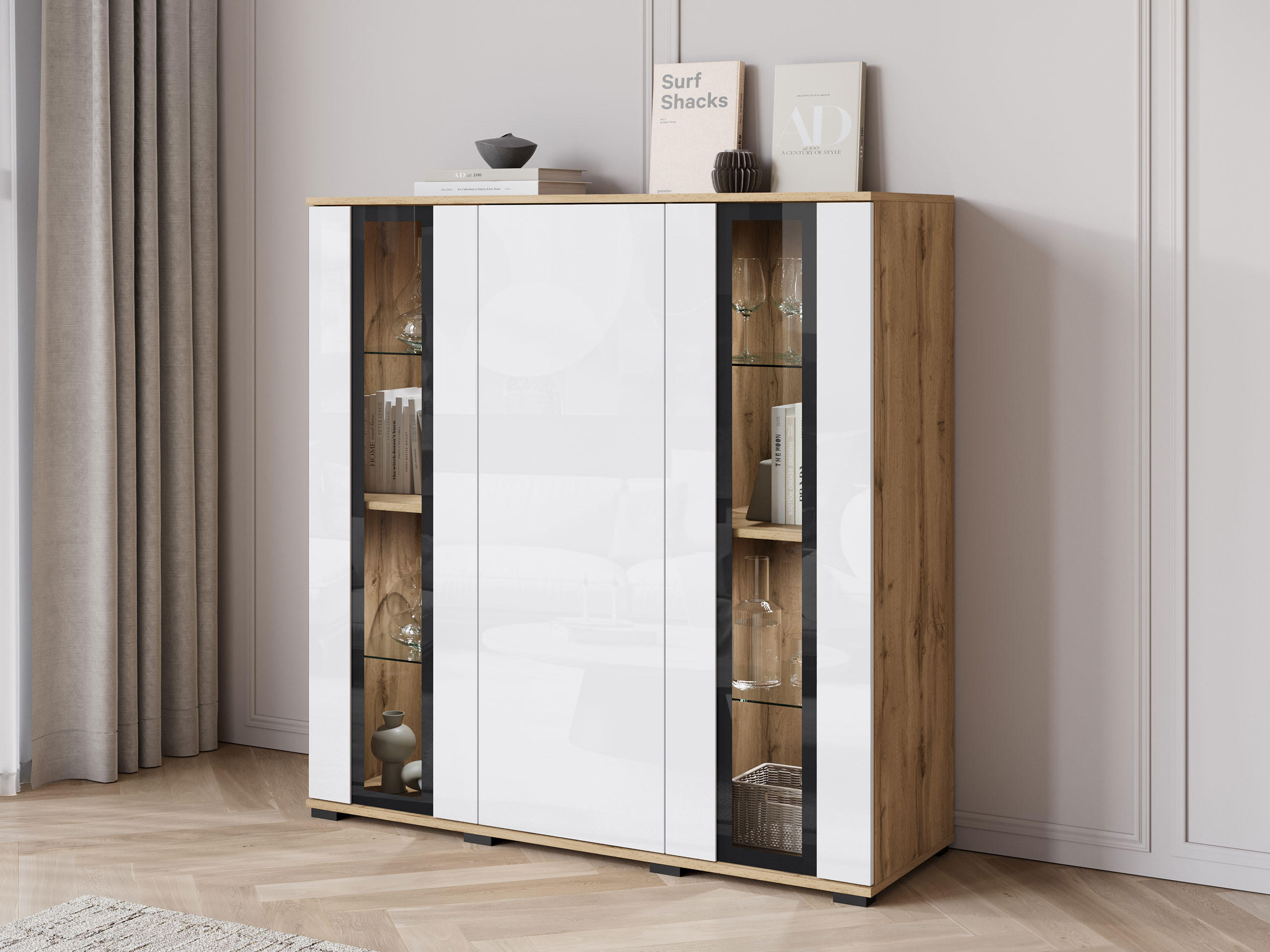 KOMMODE Caro HB 120 mit weißer LED Beleuchtung - Eiche Wotan/Schwarz, Holzwerkstoff/Kunststoff (120/122/40cm) - MIRJAN24