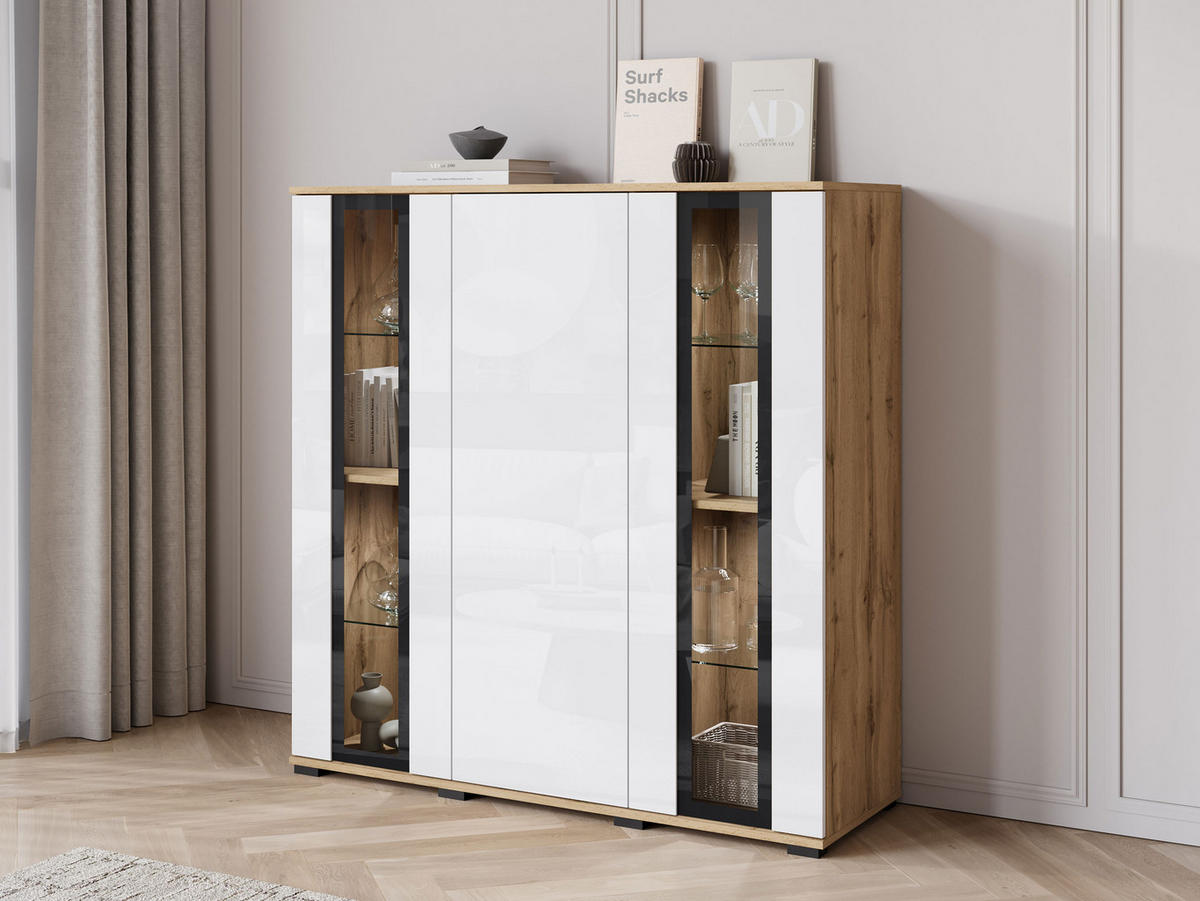 KOMMODE Caro HB 120 mit weißer LED Beleuchtung - Eiche Wotan/Schwarz, Holzwerkstoff/Kunststoff (120/122/40cm) - MIRJAN24
