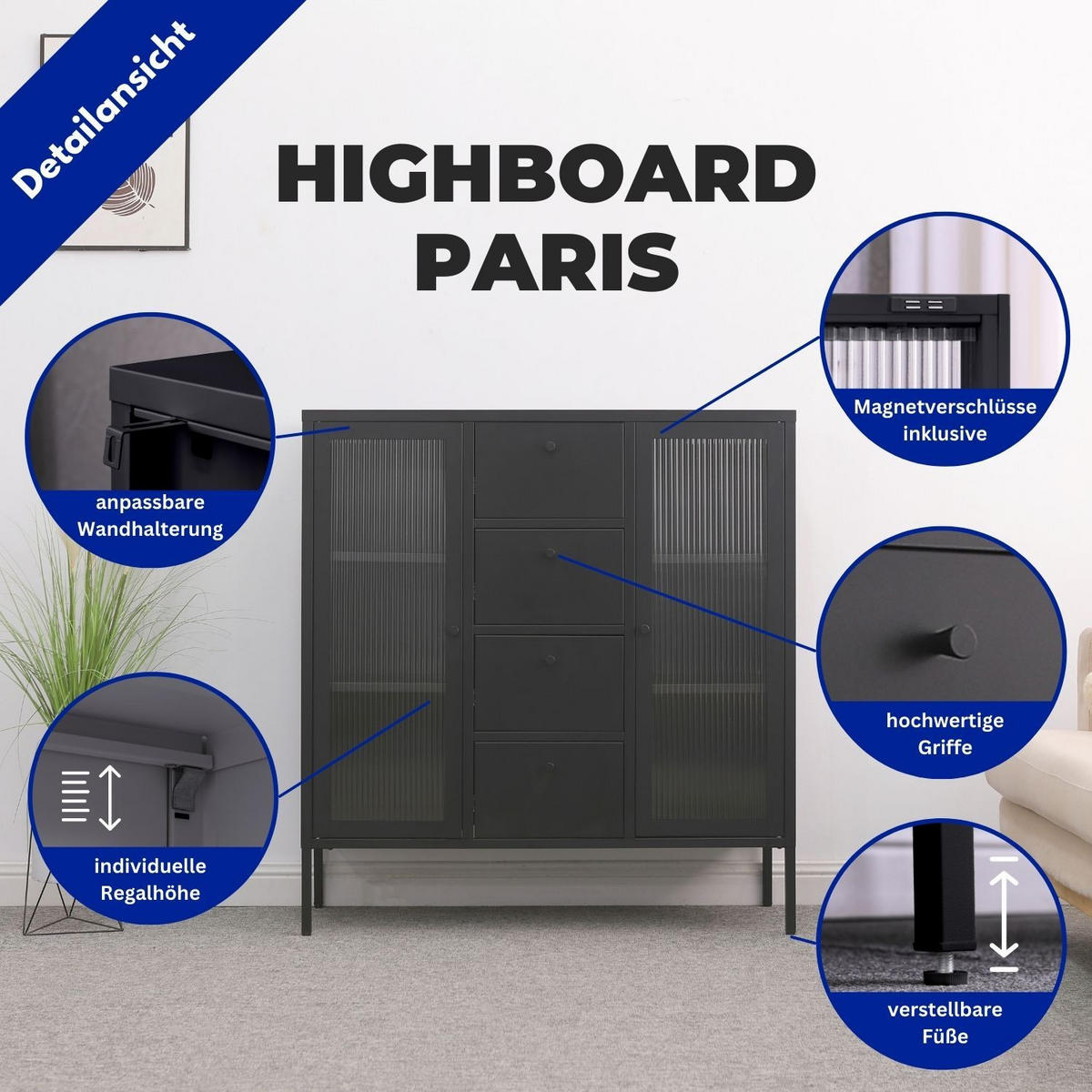 HIGHBOARD PARIS Metall Schwarz mit 4 Schubladen - Schwarz, Metall (35/110/105cm) - Mein-Regal